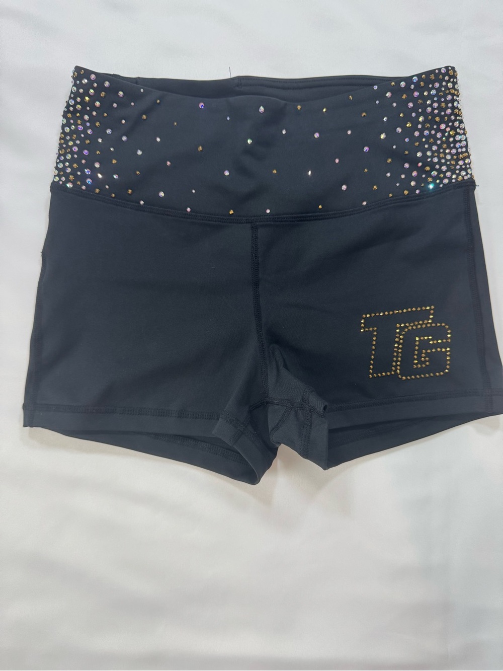 Black High-Waist Athletic Shorts with Rhinestone Logo